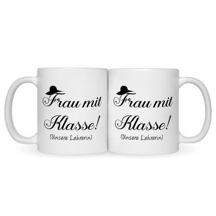 SEO. Bedruckte Tasse mit Spruch Frau mit Klasse - Weiß Linkreich