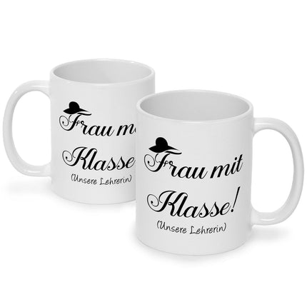 SEO. Bedruckte Tasse mit Spruch Frau mit Klasse - Weiß Linkreich