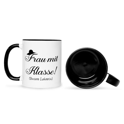 SEO. Bedruckte Tasse mit Spruch Frau mit Klasse - Schwarz & Weiß Linkreich