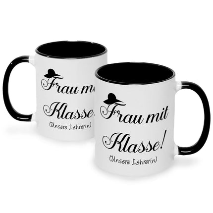 SEO. Bedruckte Tasse mit Spruch Frau mit Klasse - Schwarz & Weiß Linkreich