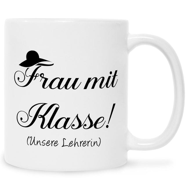 SEO. Bedruckte Tasse mit Spruch Frau mit Klasse - Weiß Linkreich