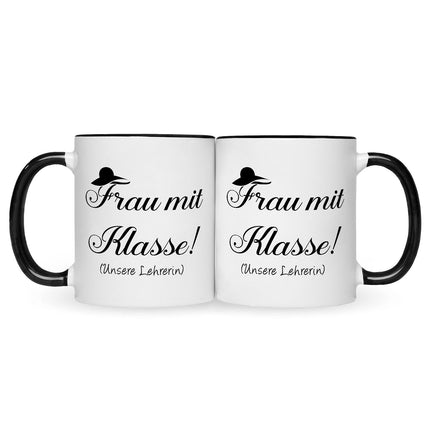 SEO. Bedruckte Tasse mit Spruch Frau mit Klasse - Schwarz & Weiß Linkreich