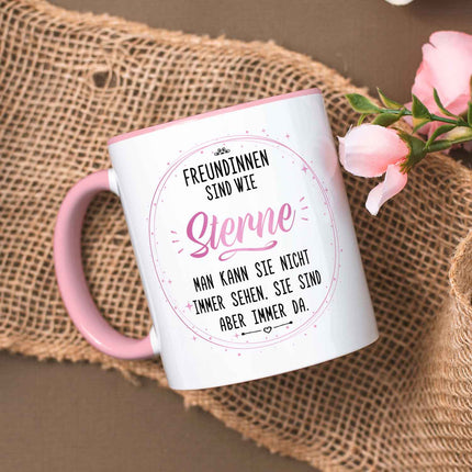 SEO. Bedruckte Tasse mit Spruch Freundinnen sind wie Sterne - Rosa Linkreich