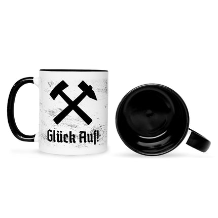 SEO. Bedruckte Tasse mit Spruch Glück Auf! - Schwarz & Weiß Linkreich
