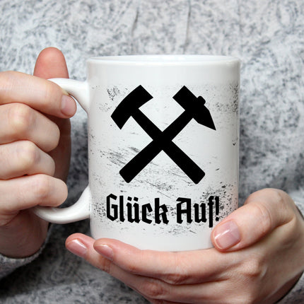 SEO. Bedruckte Tasse mit Spruch Glück Auf! - Weiß Linkreich