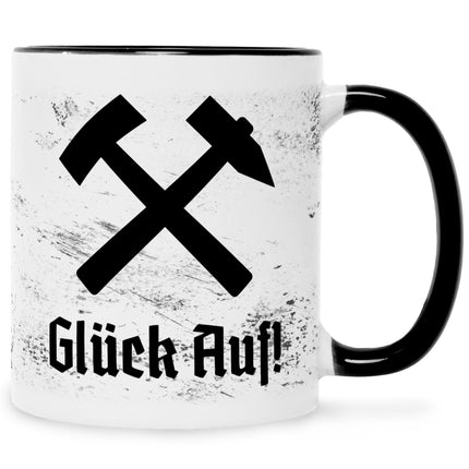 SEO. Bedruckte Tasse mit Spruch Glück Auf! - Schwarz & Weiß Linkreich