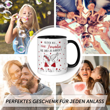 SEO. Bedruckte Tasse mit Spruch Glück ist eine Freundin - Schwarz & Weiß Linkreich