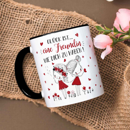 SEO. Bedruckte Tasse mit Spruch Glück ist eine Freundin - Schwarz & Weiß Linkreich