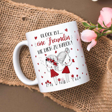 SEO. Bedruckte Tasse mit Spruch Glück ist eine Freundin - Weiß Linkreich