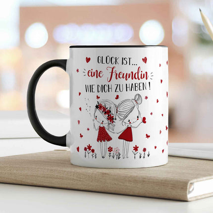 SEO. Bedruckte Tasse mit Spruch Glück ist eine Freundin - Schwarz & Weiß Linkreich