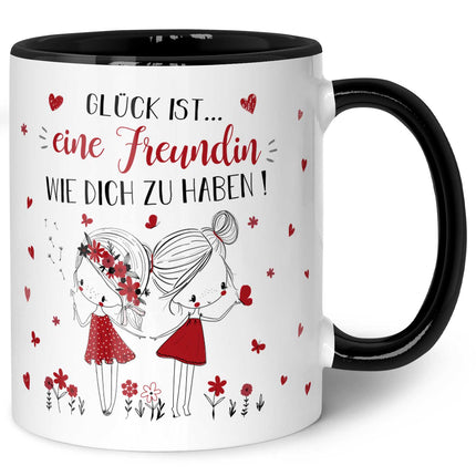 SEO. Bedruckte Tasse mit Spruch Glück ist eine Freundin - Schwarz & Weiß Linkreich
