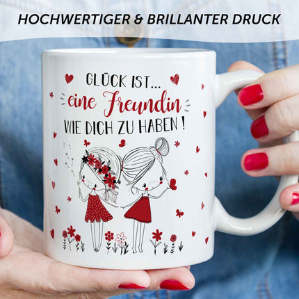 SEO. Bedruckte Tasse mit Spruch Glück ist eine Freundin - Weiß Linkreich