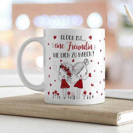 SEO. Bedruckte Tasse mit Spruch Glück ist eine Freundin - Weiß Linkreich