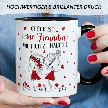 SEO. Bedruckte Tasse mit Spruch Glück ist eine Freundin - Schwarz & Weiß Linkreich