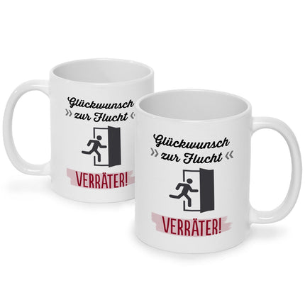 SEO. Bedruckte Tasse mit Spruch Glückwunsch zur Flucht - Weiß Linkreich