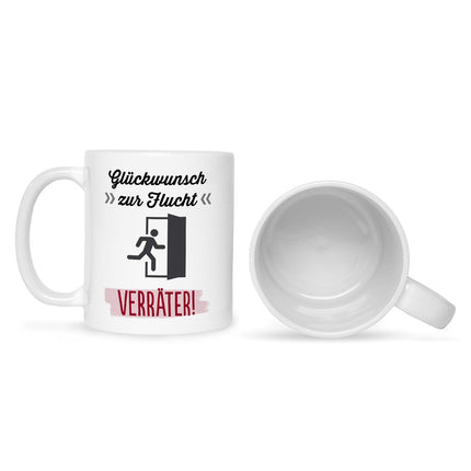 SEO. Bedruckte Tasse mit Spruch Glückwunsch zur Flucht - Weiß Linkreich