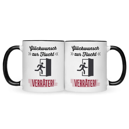 SEO. Bedruckte Tasse mit Spruch Glückwunsch zur Flucht - Schwarz & Weiß Linkreich