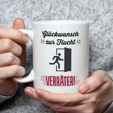 SEO. Bedruckte Tasse mit Spruch Glückwunsch zur Flucht - Weiß Linkreich