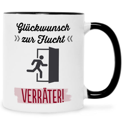 SEO. Bedruckte Tasse mit Spruch Glückwunsch zur Flucht - Schwarz & Weiß Linkreich