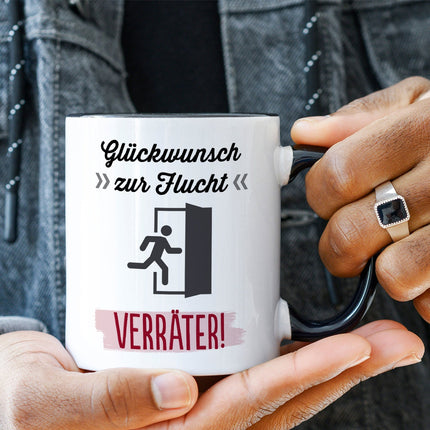 SEO. Bedruckte Tasse mit Spruch Glückwunsch zur Flucht - Weiß Linkreich