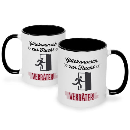 SEO. Bedruckte Tasse mit Spruch Glückwunsch zur Flucht - Schwarz & Weiß Linkreich