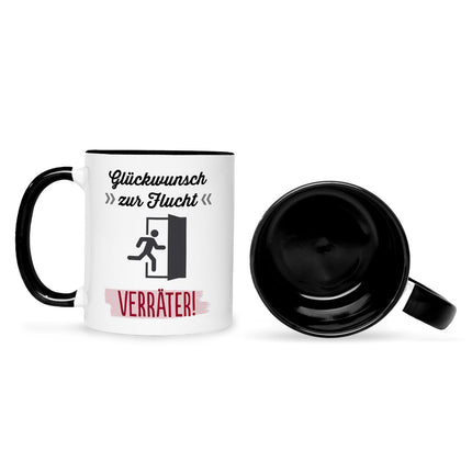 SEO. Bedruckte Tasse mit Spruch Glückwunsch zur Flucht - Schwarz & Weiß Linkreich