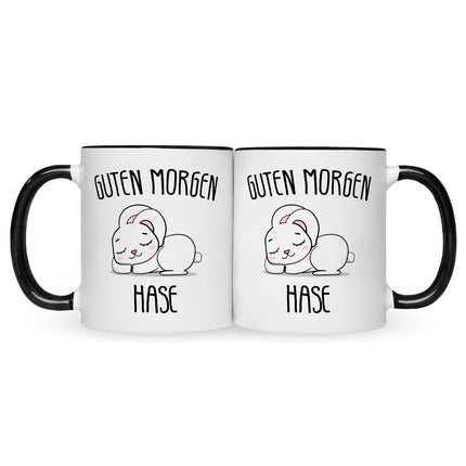 SEO. Bedruckte Tasse mit Spruch Guten Morgen Hase - Schwarz & Weiß Linkreich