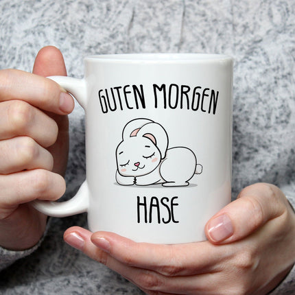 SEO. Bedruckte Tasse mit Spruch Guten Morgen Hase - Schwarz & Weiß Linkreich