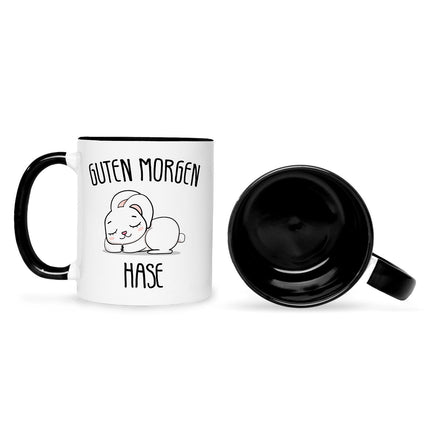 SEO. Bedruckte Tasse mit Spruch Guten Morgen Hase - Schwarz & Weiß Linkreich
