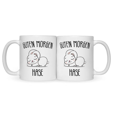 SEO. Bedruckte Tasse mit Spruch Guten Morgen Hase - Schwarz & Weiß Linkreich