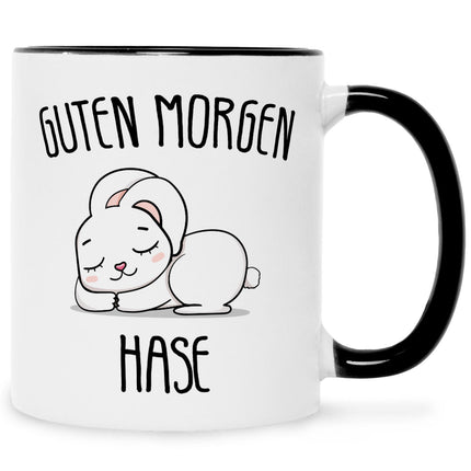SEO. Bedruckte Tasse mit Spruch Guten Morgen Hase - Schwarz & Weiß Linkreich