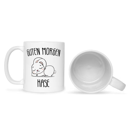 SEO. Bedruckte Tasse mit Spruch Guten Morgen Hase - Schwarz & Weiß Linkreich