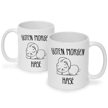 SEO. Bedruckte Tasse mit Spruch Guten Morgen Hase - Schwarz & Weiß Linkreich