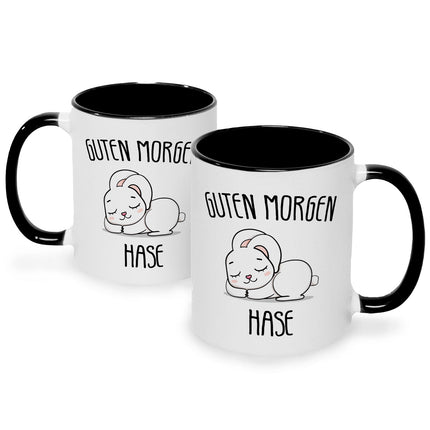 SEO. Bedruckte Tasse mit Spruch Guten Morgen Hase - Schwarz & Weiß Linkreich
