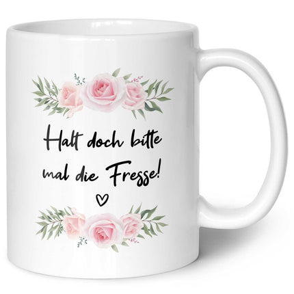 SEO. Bedruckte Tasse mit Spruch - "Halt doch bitte mal die Fresse!" - Weiß Linkreich