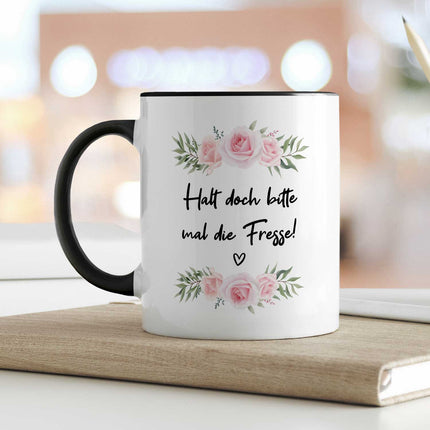 SEO. Bedruckte Tasse mit Spruch - "Halt doch bitte mal die Fresse!" - Schwarz & Weiß Linkreich