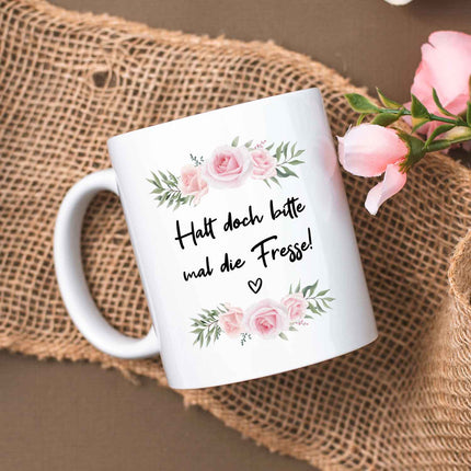 SEO. Bedruckte Tasse mit Spruch - "Halt doch bitte mal die Fresse!" - Weiß Linkreich