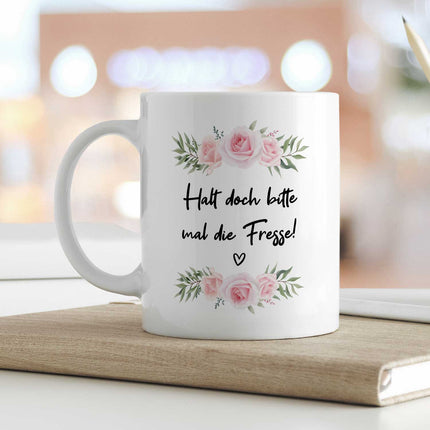 SEO. Bedruckte Tasse mit Spruch - "Halt doch bitte mal die Fresse!" - Weiß Linkreich