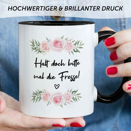 SEO. Bedruckte Tasse mit Spruch - "Halt doch bitte mal die Fresse!" - Schwarz & Weiß Linkreich