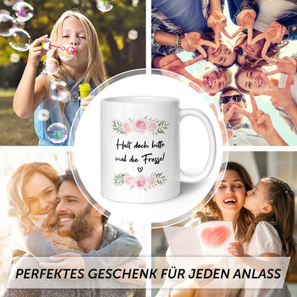 SEO. Bedruckte Tasse mit Spruch - "Halt doch bitte mal die Fresse!" - Weiß Linkreich