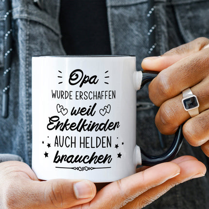 SEO. Bedruckte Tasse mit Spruch Heldenhafte Großeltern - Opa - Schwarz & Weiß Linkreich