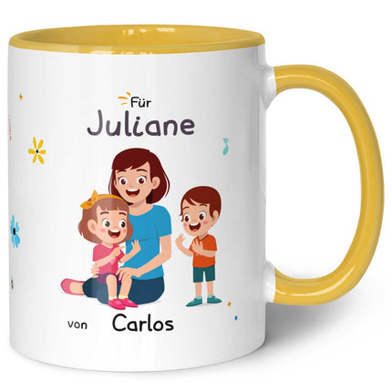 SEO. Bedruckte Tasse mit Spruch Hinter jedem glücklichen Kind - Gelb Linkreich