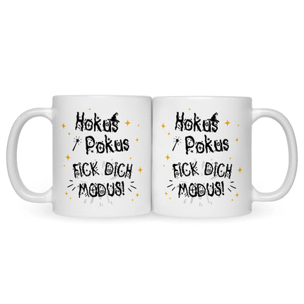 SEO. Bedruckte Tasse mit Spruch Hokus Pokus - Schwarz & Weiß Linkreich