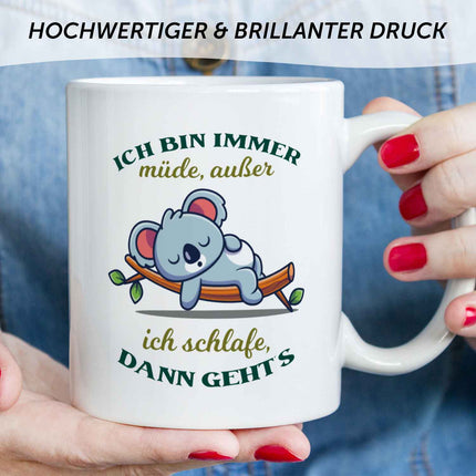 SEO. Bedruckte Tasse mit Spruch - Ich bin immer müde - Weiß Linkreich