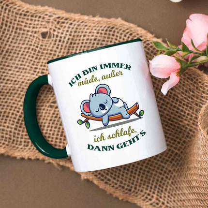 SEO. Bedruckte Tasse mit Spruch - Ich bin immer müde - Grün Linkreich