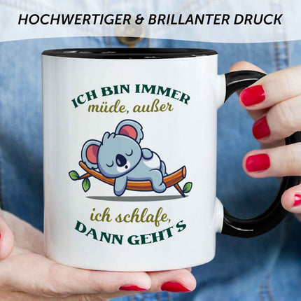 SEO. Bedruckte Tasse mit Spruch - Ich bin immer müde - Schwarz & Weiß Linkreich