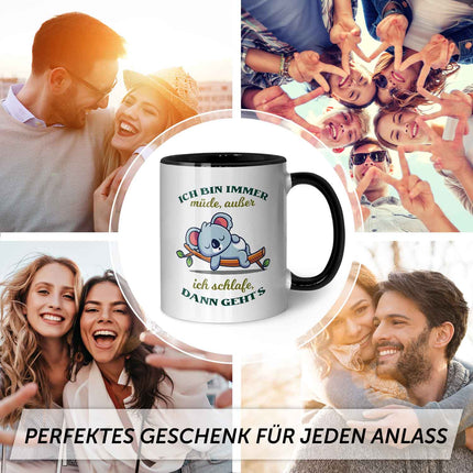 SEO. Bedruckte Tasse mit Spruch - Ich bin immer müde - Schwarz & Weiß Linkreich