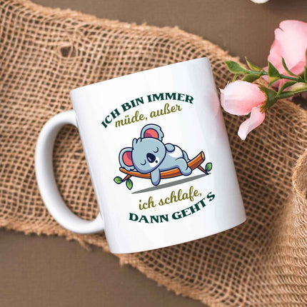 SEO. Bedruckte Tasse mit Spruch - Ich bin immer müde - Weiß Linkreich