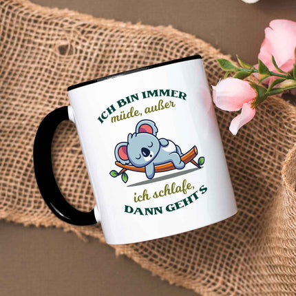 SEO. Bedruckte Tasse mit Spruch - Ich bin immer müde - Schwarz & Weiß Linkreich