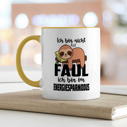 SEO. Bedruckte Tasse mit Spruch - Ich bin nicht Faul - Gelb Linkreich
